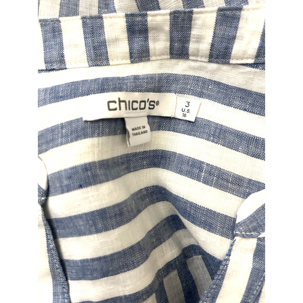 Chico's Linen Tunic Top 3 XL Blue White Stripe Coastal High Low 100% Linen NWOT - Picture 3 of 4